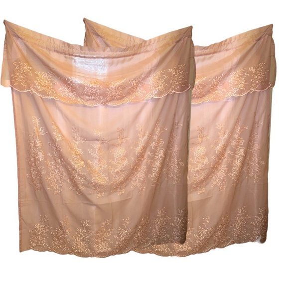 Vintage Mauve Pink Fine Jacquard Panel Set Of 2 with Attached Valance 55" x63" - Picture 1 of 5